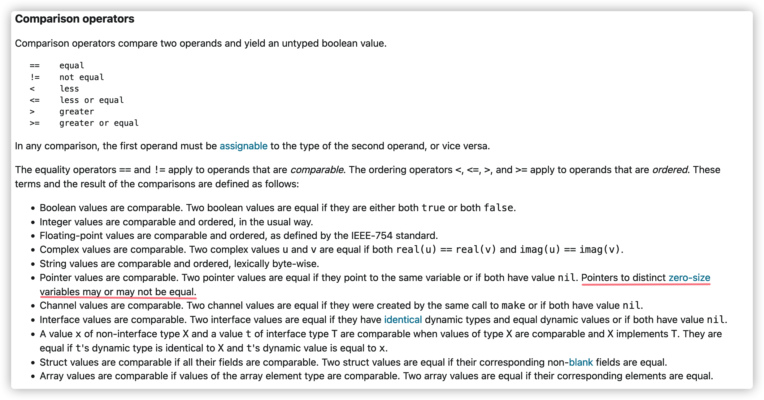 Go語言比較操作符比較規則