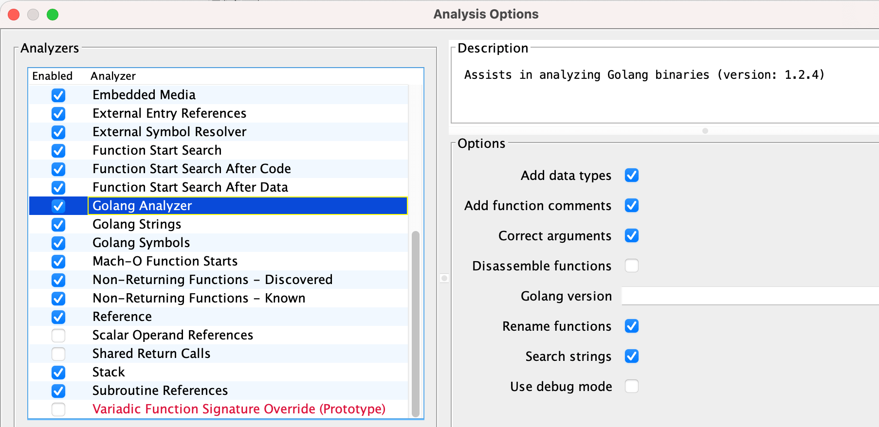 在 Ghidra 啟用 Golang 分析選項