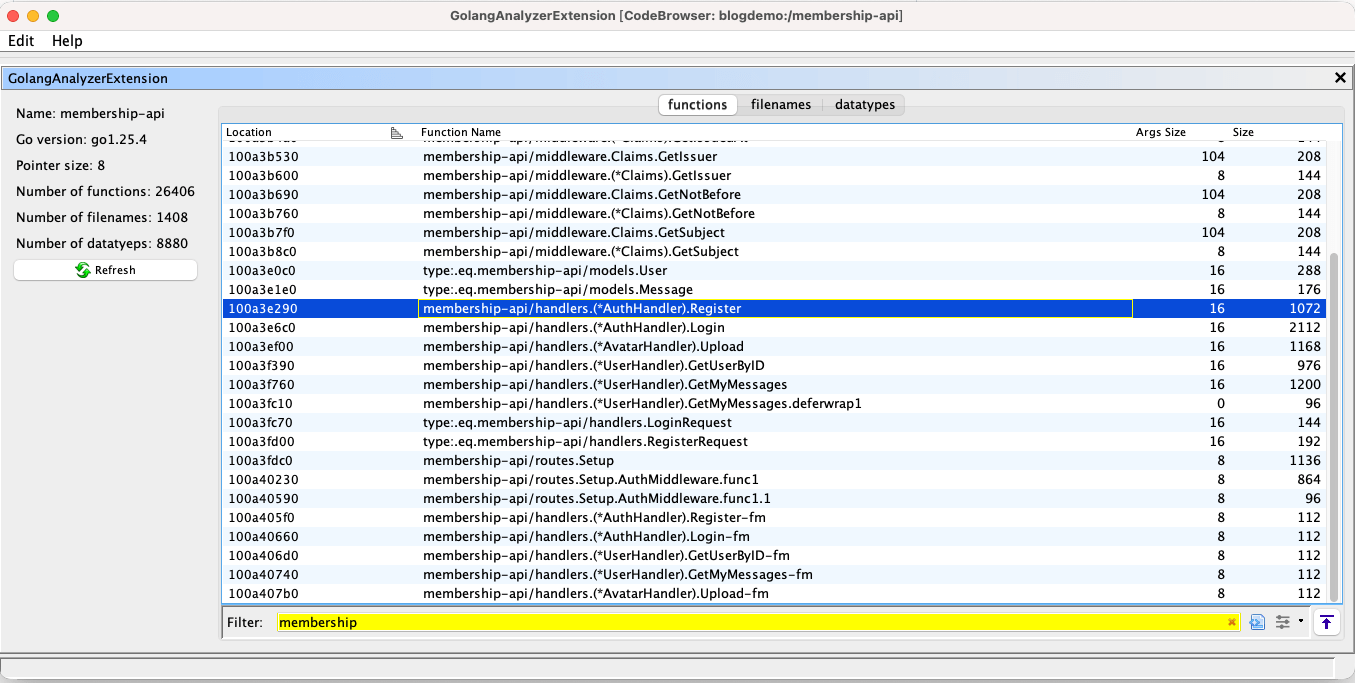 Ghidra 顯示還原後的 Golang 資訊